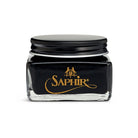 A glass jar with a black lid containing black-colored Saphir Medaille D'Or Cordovan Cream Shoe Polish, branded with the Saphir logo on the front.