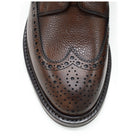 A Berwick 1707 brown brogue derby shoe with a round toe shape and lace-up closure. It features a grainy texture and brogue detailing & Dainite soles