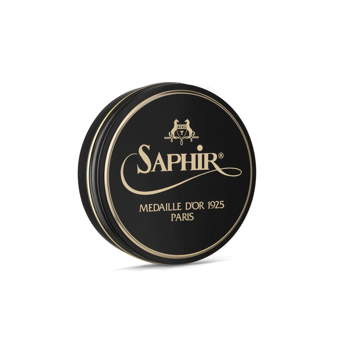 A round tin container of Saphir Medaille D'Or shoe wax polish with a black lid and label featuring gold text and accents.