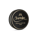 A round tin container of Saphir Medaille D'Or shoe wax polish with black lid and gold lettering.