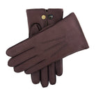A pair of bark deerskin leather gloves with rabbit fur lining, featuring three points and Dents stud closure.